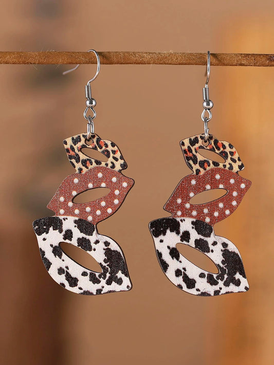 Wooden Lip Earrings w/ Leopard & Cow Print Pattern