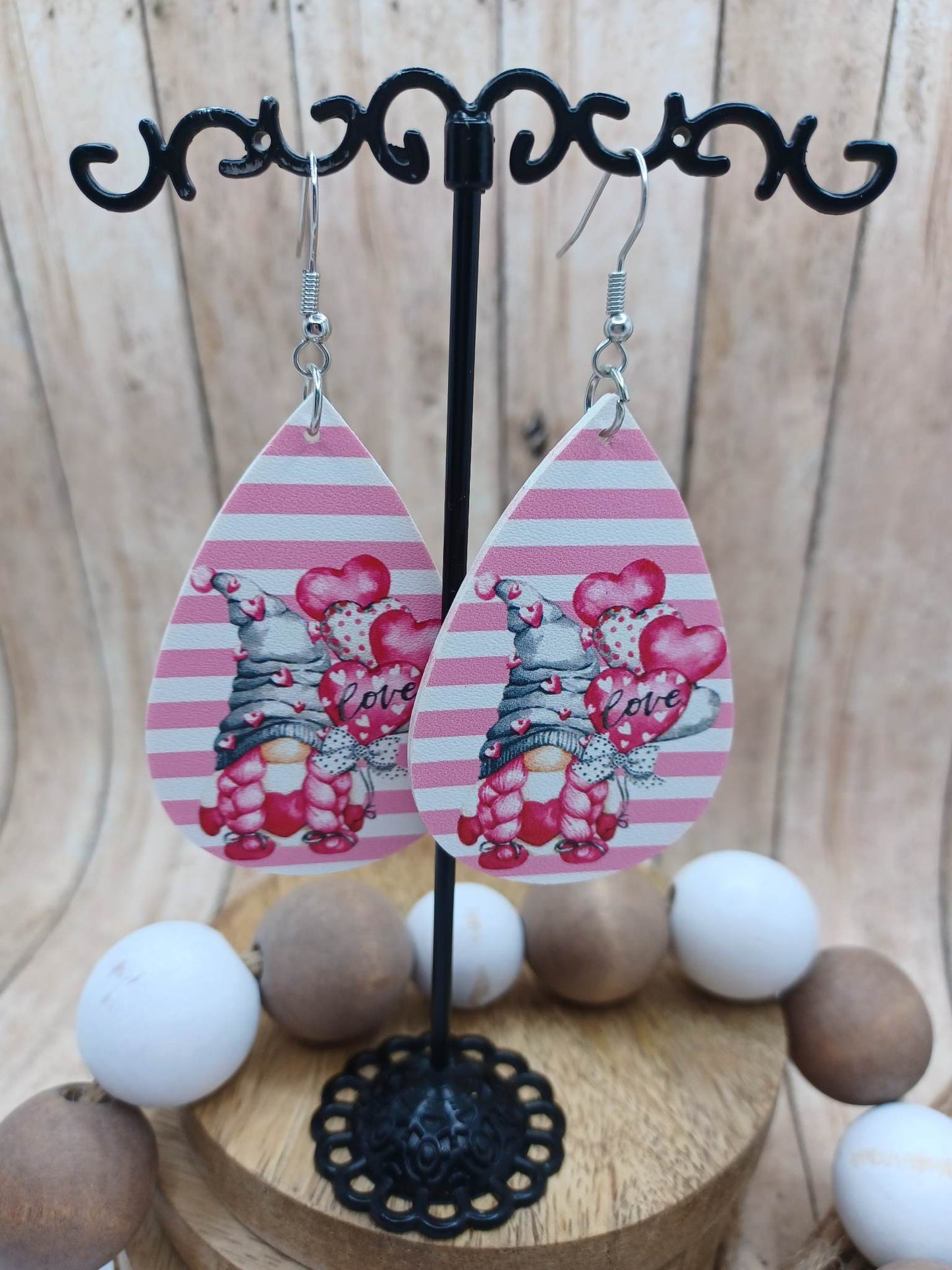 Pink Striped Gnome w/ Braid Earrings Holding Love Balloons