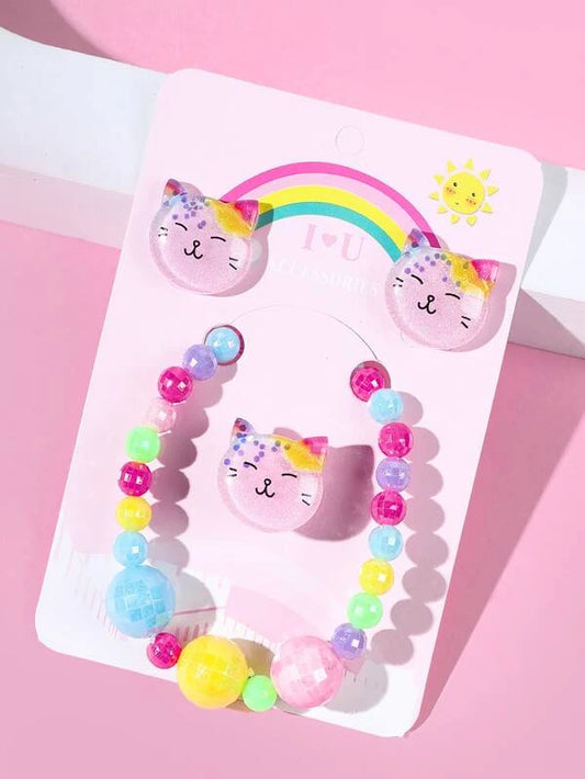 Pink Cat Bracelet, Earrings, & Ring Set