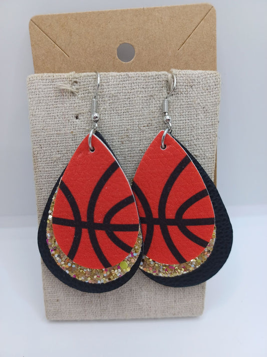 Triple Layered Basketball Earrings w/ Black & Gold Glitter