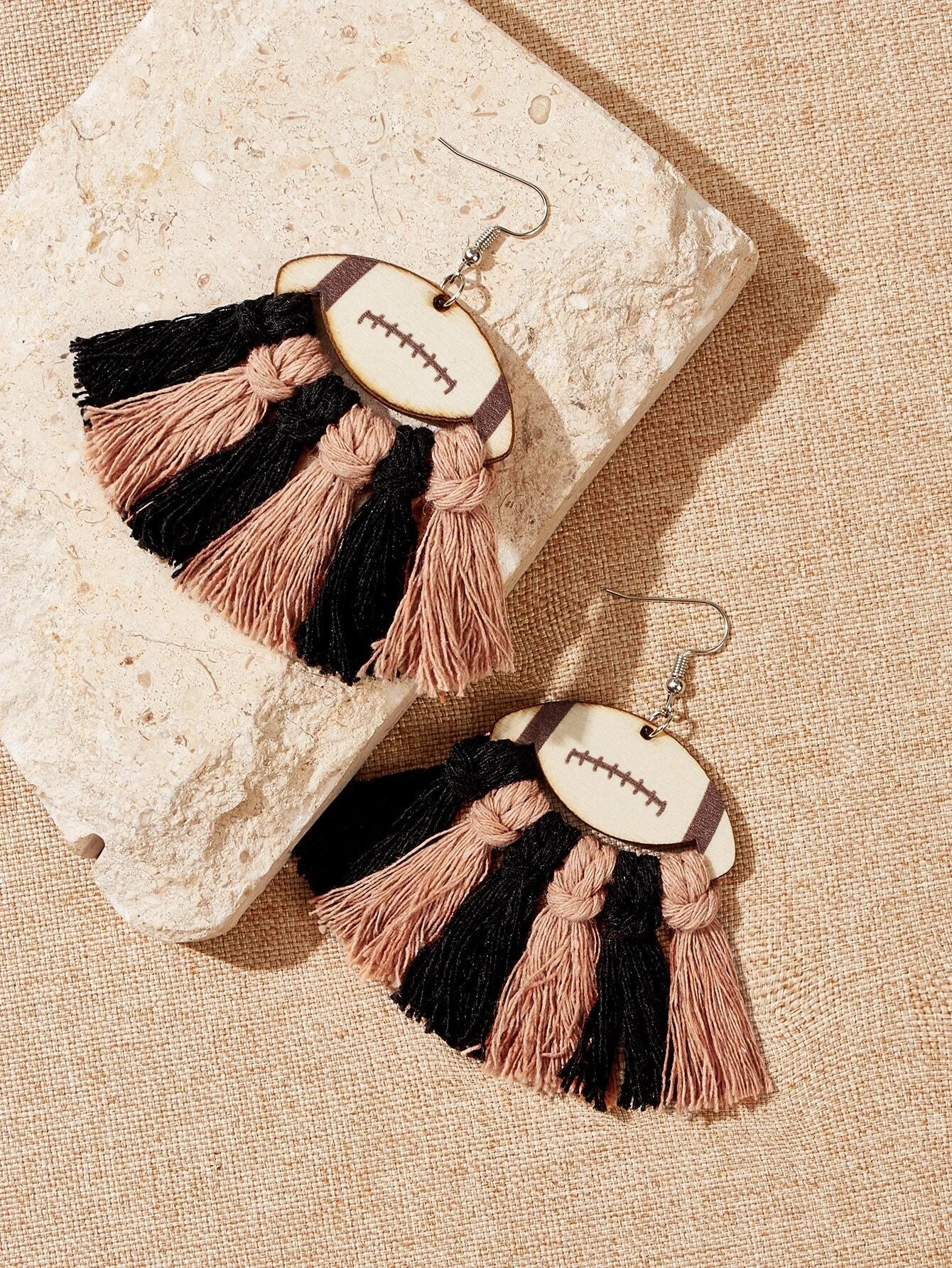 Wooden & Tassel Football Earrings