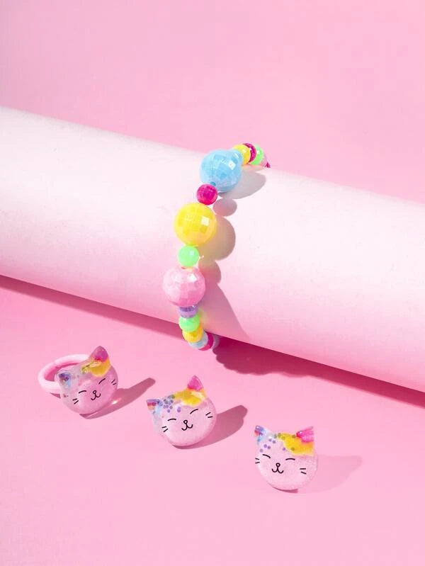 Pink Cat Bracelet, Earrings, & Ring Set