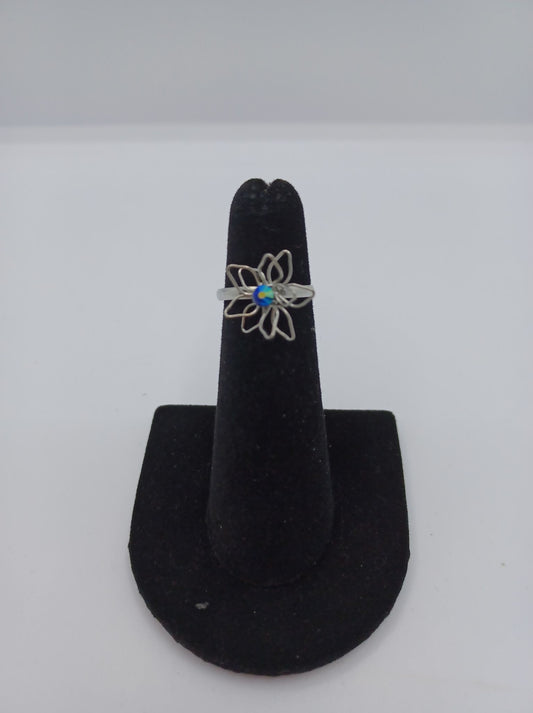 Wire Flower Ring w/ Blue Rhinestones