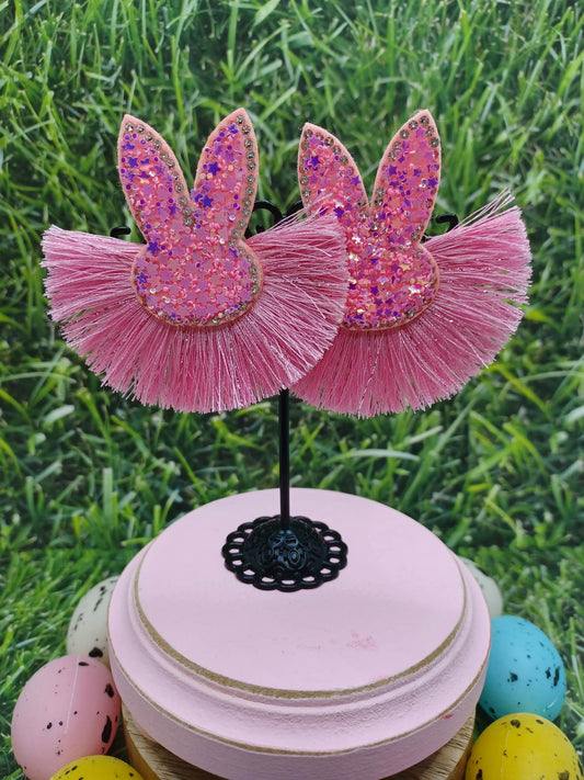 Pink Glitter & Tassel Bunny Earrings