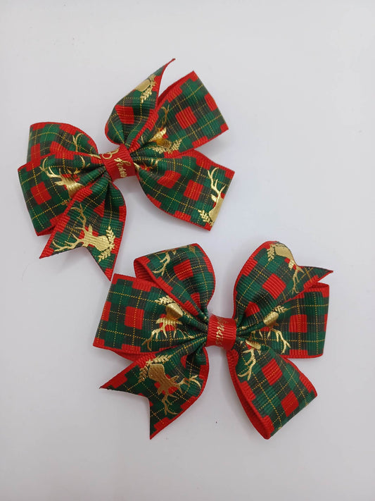 Red & Green w/ Gold Reindeer Hair Accessory Set