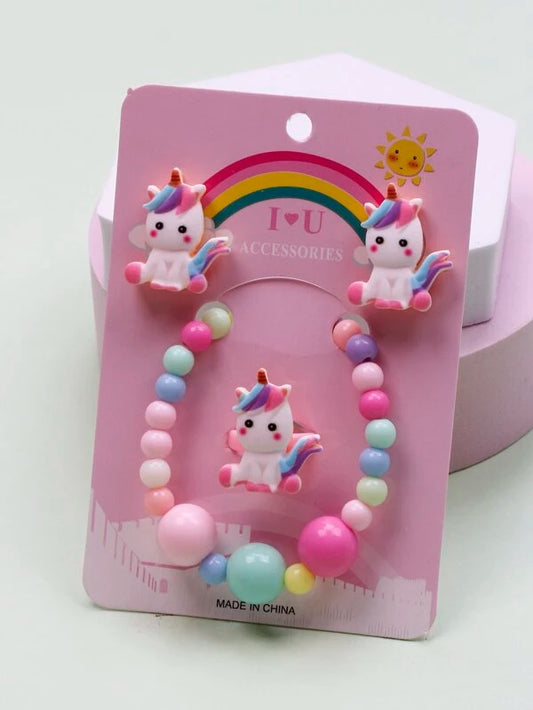 White Unicorn Bracelet, Earrings, & Ring Set