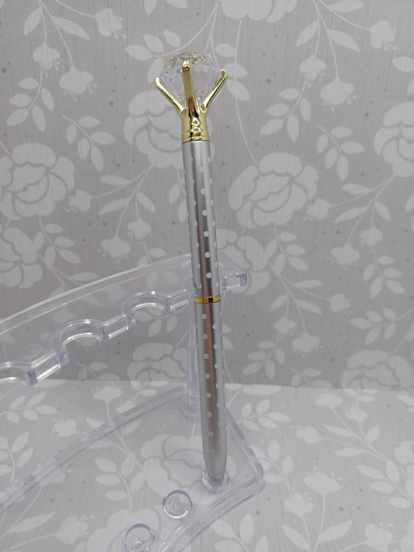 Silver Polka Dot Pen w/ Diamond Top