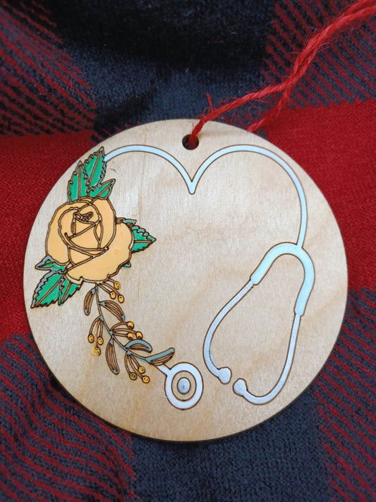 White Stethoscope w/ Orange Flower Wooden & Acrylic Ornament