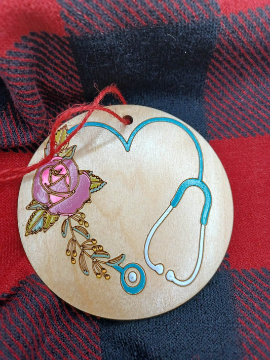 Blue Stethoscope w/ Pink & Purple Flower Wooden & Acrylic Ornament