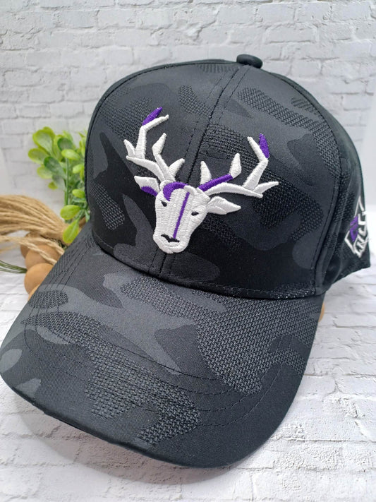 Black Camo Hat w/ White & Purple Deer