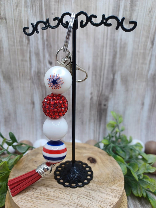 Red, White, & Blue Beaded Keychain w/ Red Tassel & Firework