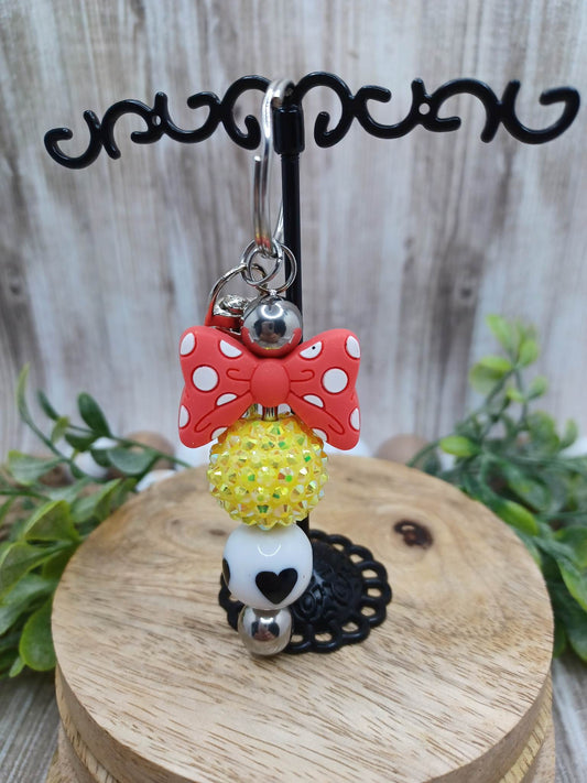 Red Bow Beaded Keychain w/ Heart Detail & Lanyard Attachment