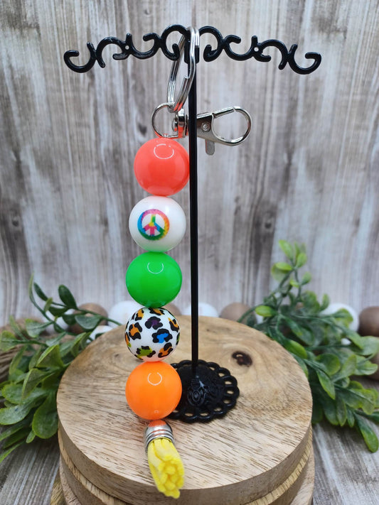 Neon Keychain w/ Peace Bead & Neon Leopard Bead, Tassel, & Lanyard Attachment