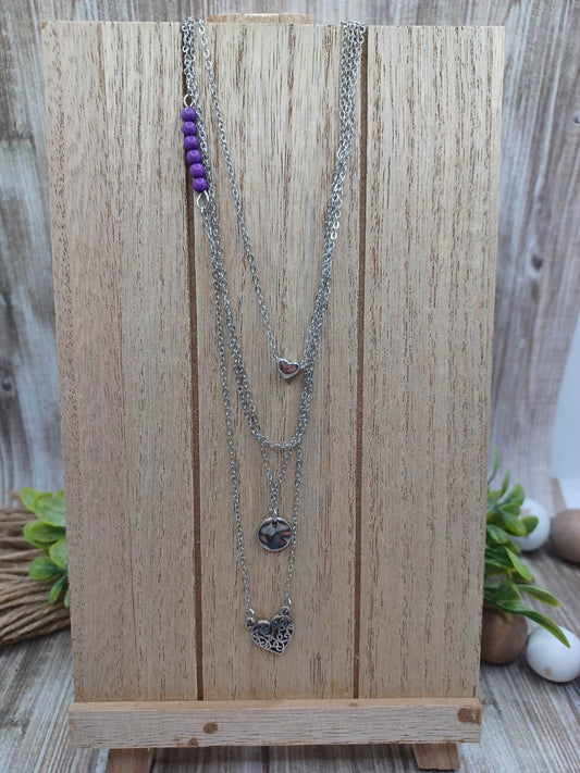 Triple Layered Silver Necklace w/ Purple Beading & Hearts