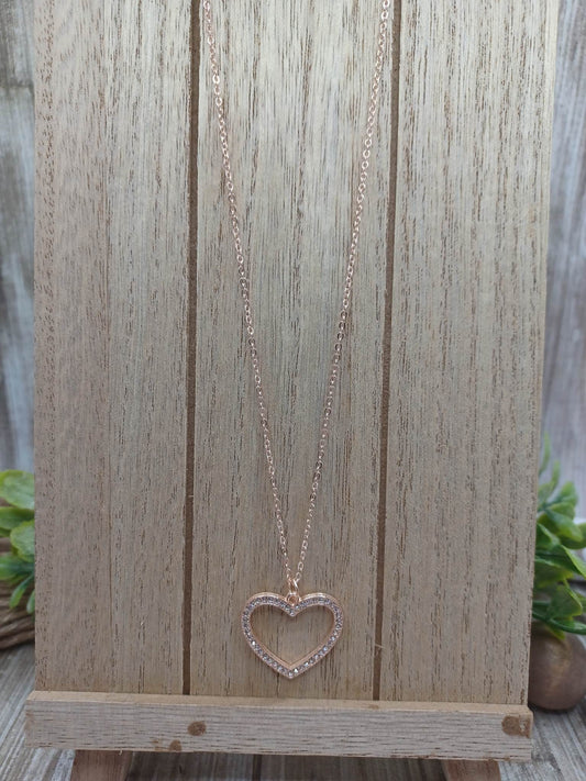 Rose Gold Heart Necklace w/ Rhinestones