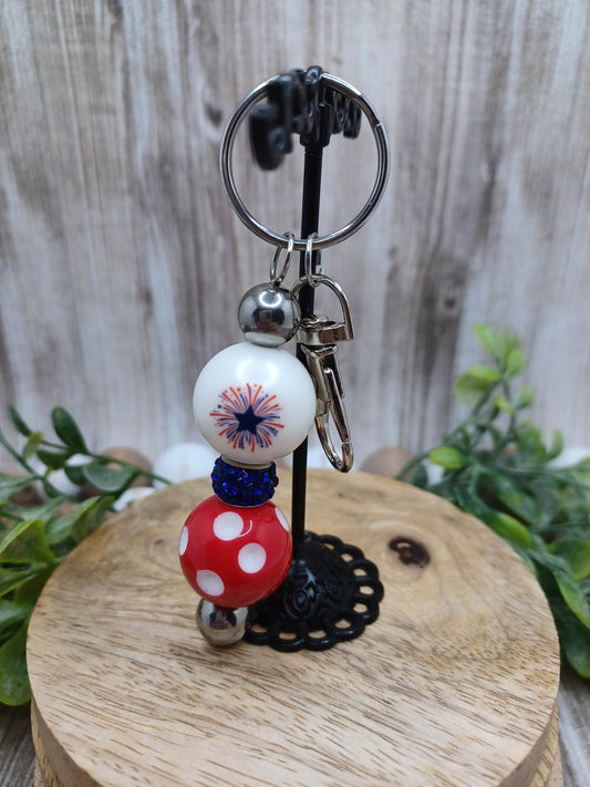 Red, White, Blue, & Firework Beaded Keychain w/ Lanyard Attachment