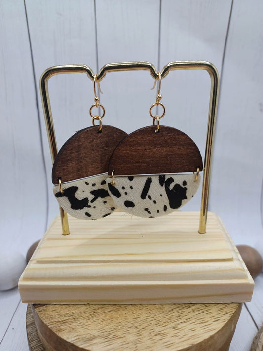 Wooden & Faux Cow Print Hinged Earrings