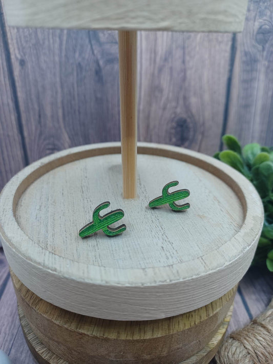 Green Wooden Cactus Earrings