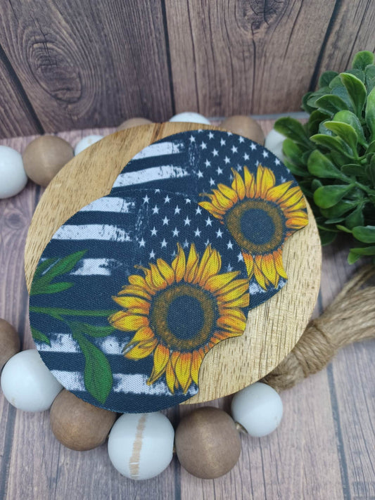 Sunflower American Flag Car Coaster Set