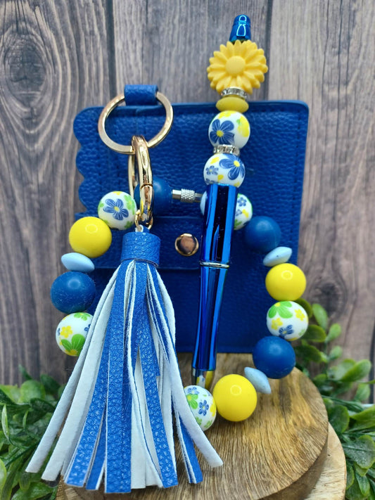 Blue & Yellow Floral Ink Pen, Wallet, & Beaded Wristlet Set
