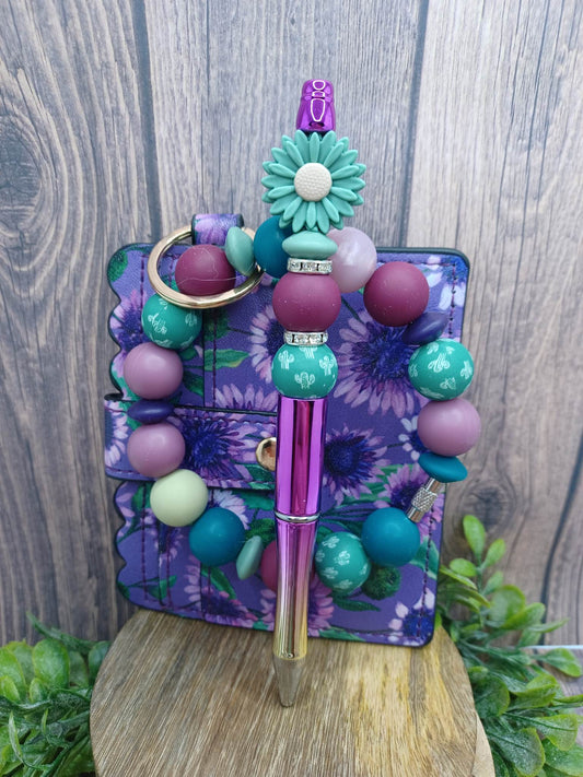 Purple Floral Ink Pen, Wallet, & Beaded Wristlet Set