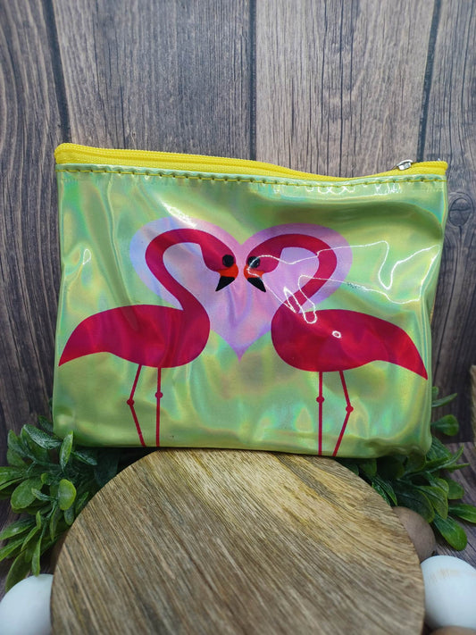 Yellow Flamingo Holographic Zipper Bag
