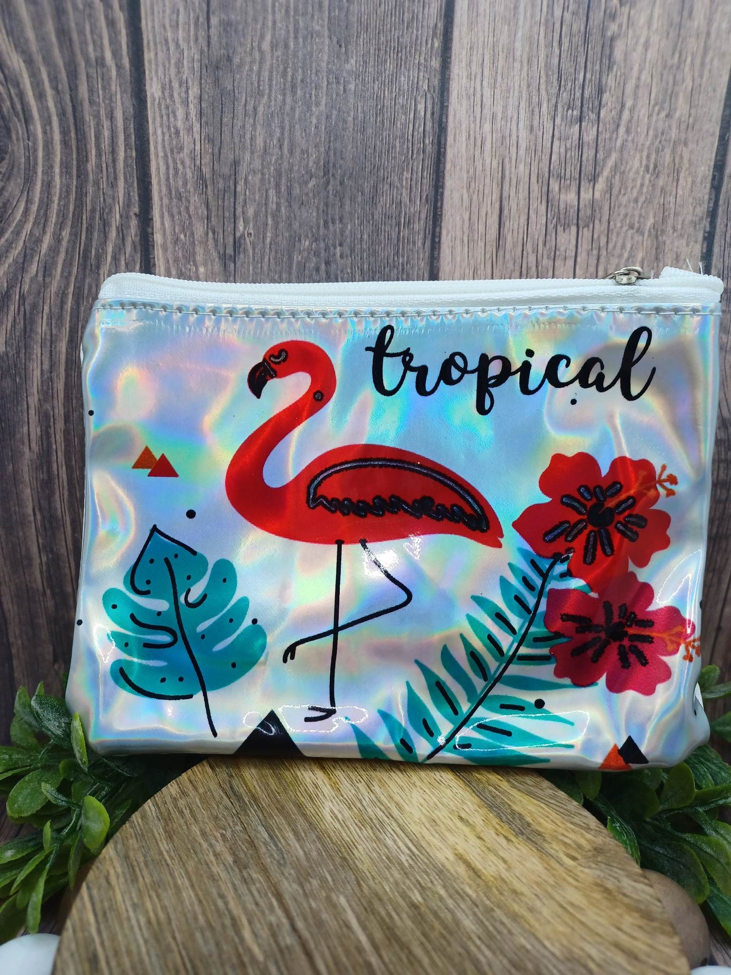 Tropical Flamingo Holographic Zipper Bag