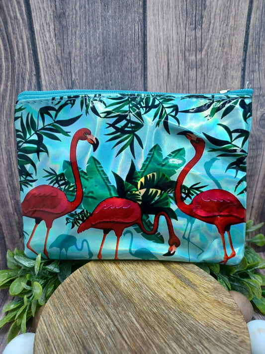 Teal Flamingo Holographic Zipper Bag