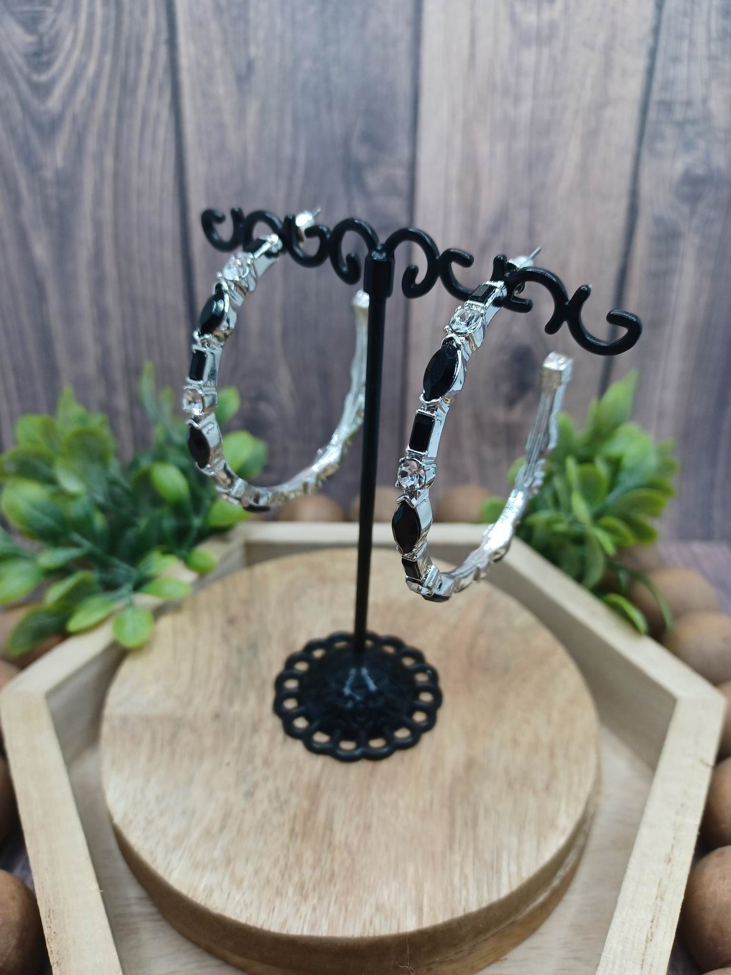 Silver Earrings w/ Black Rhinestones