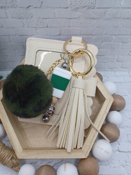 Cream Colored Wallet w/ Beaded Coffee Keychain & Pom Pom Keychain