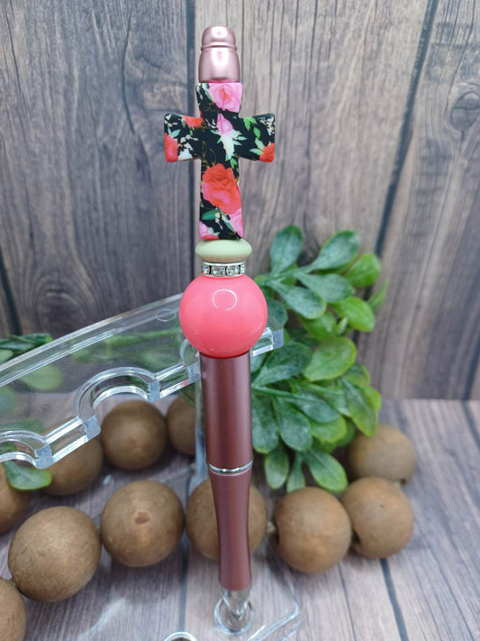 Black Floral Cross Beaded Pen