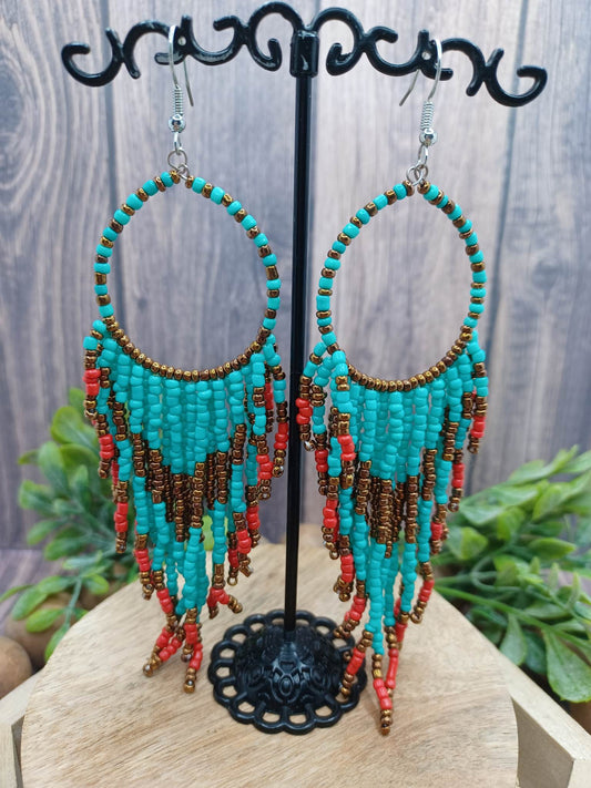 Turquoise, Copper, & Red Seabeaded Earrings