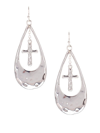 Silver Textured Earrings w/ Cross