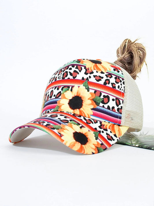 Sunflower & Leopard Print Hat w/ Ponytail Opening