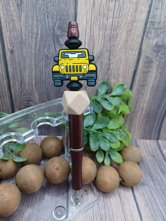 Brown Glitter Beaded Pen w/ Yellow Jeep
