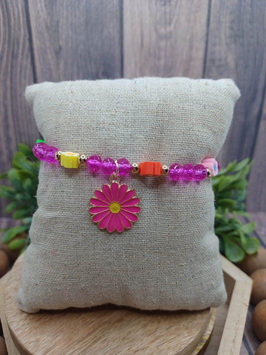 Hot Pink Beaded Flower Bracelet