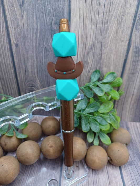 Brown Glitter Beaded Pen w/ Cowboy Hat
