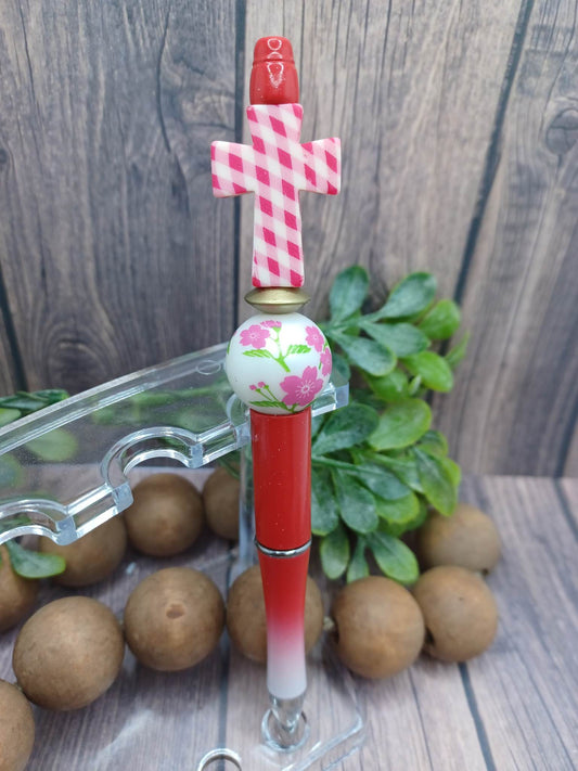 Pink Gingham Cross Beaded Pen