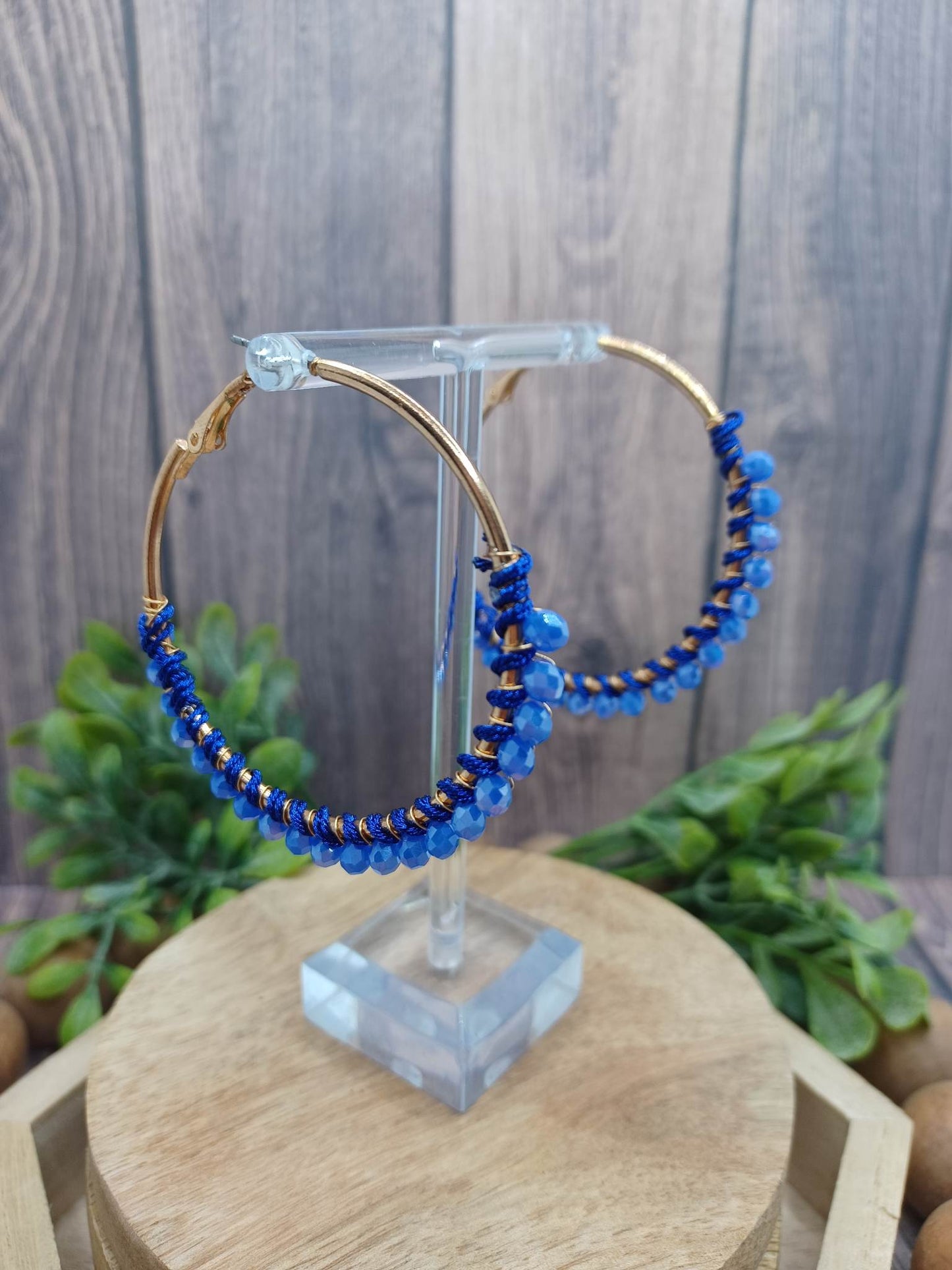 Blue Beaded & Wrapped Hoop Earrings