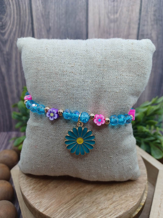 Blue Beaded Flower Bracelet