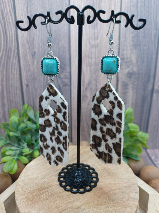 Brown Faux Fur Cow Print Earrings w/ Turquoise Embellishment