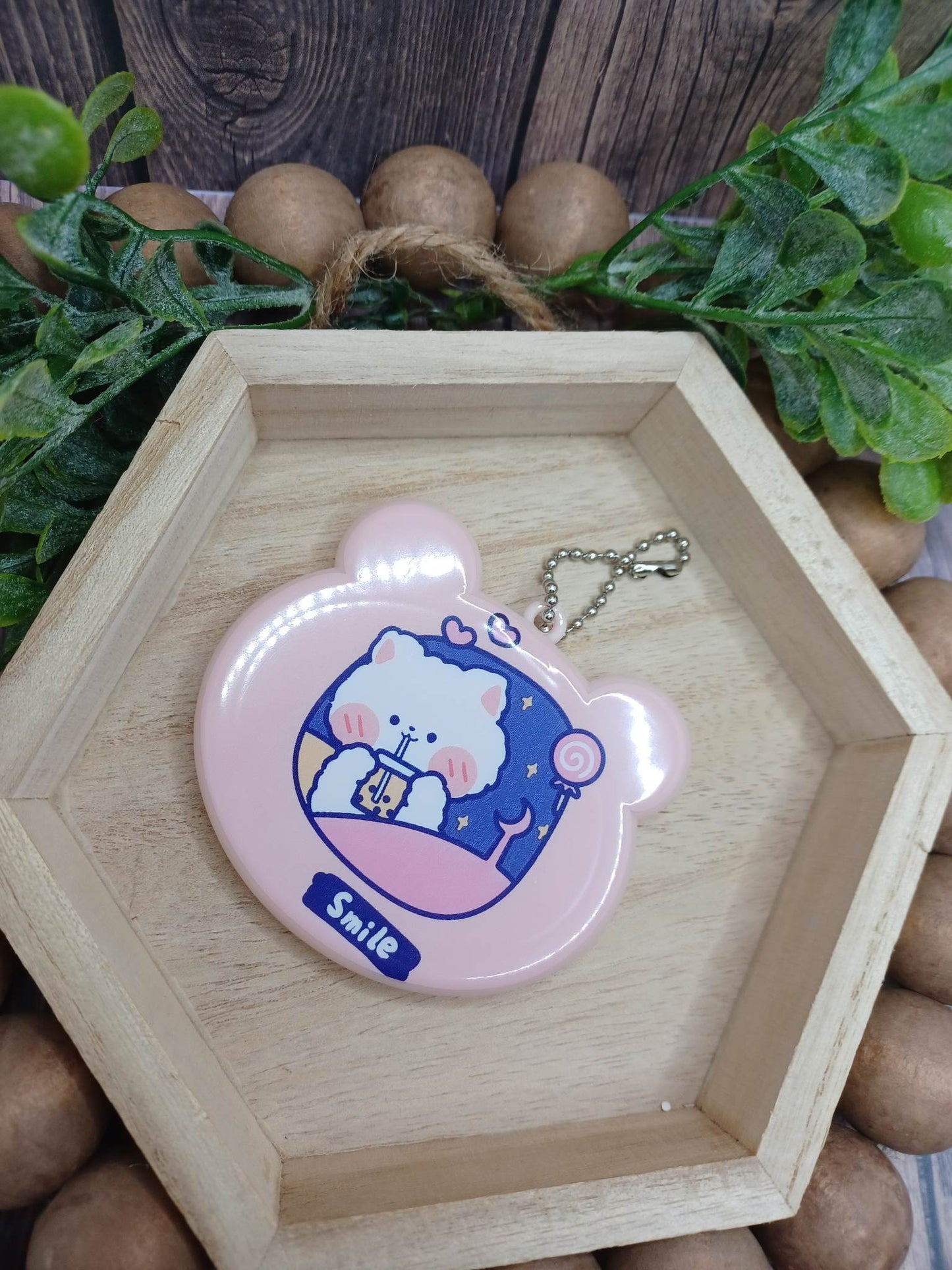 Light Pink Kitty Keychain & Comb Mirror Set