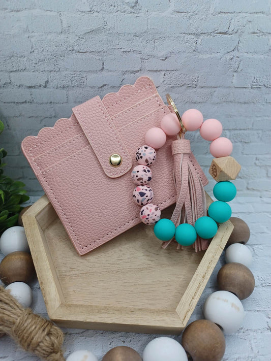 PREORDER - Ash Pink Beaded Wallet w/ Pink, Teal, & Spotted Beaded Wristlet & Tassel