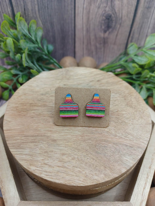 Striped Cow Tag Wooden Earrings