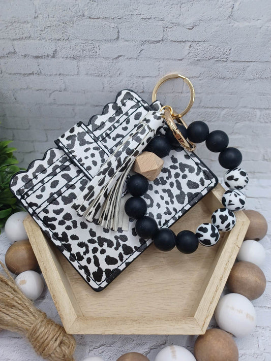 PREORDER - Cow Print w/ Black & Cow Print Beaded Wristlet & Tassel