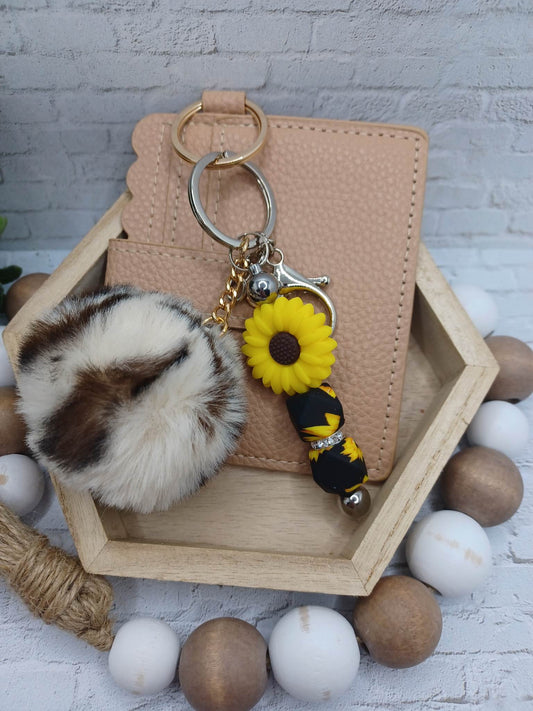 Tan Colored Wallet w/ Beaded Sunflower Keychain & Pom Pom Keychain