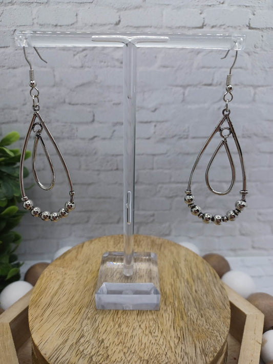 Silver Double Teardrop Earrings w/ Silver Beading