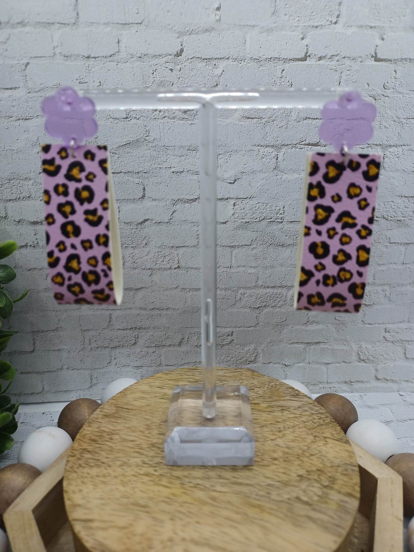 Purple Leopard Leather Style Earrings w/ Purple Flower