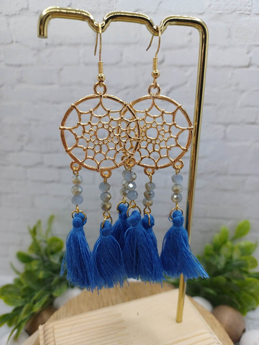 Blue Dreamcatcher Beaded & Tassel Earrings