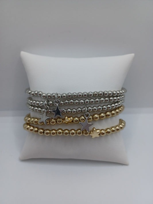 Gold & Silver Stretch Bracelet Set w/ Star Charms